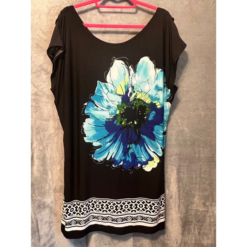 New Directions Black Blue Floral Tunic Dress Border Print Resort Boho XL